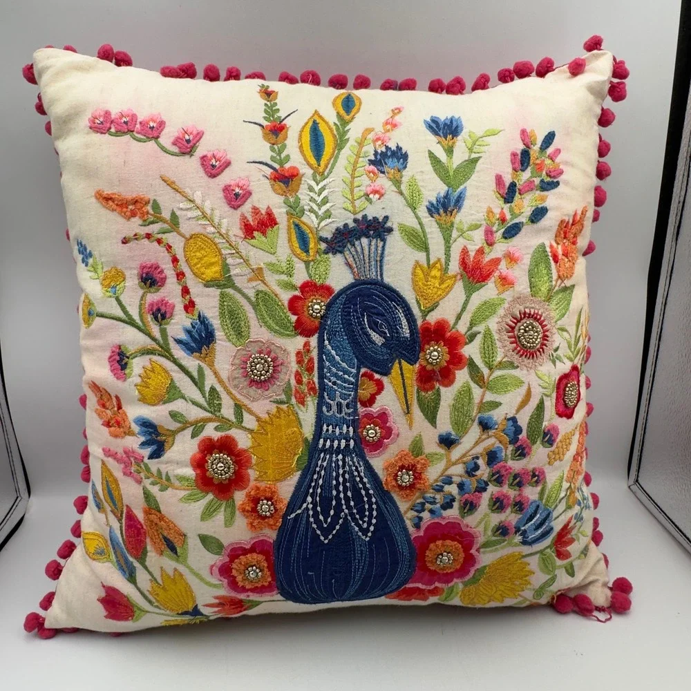 Set of 2 Embroidered Peacock Floral Throw Pillows Pink Pom Pom Trim 16x16 Boho
